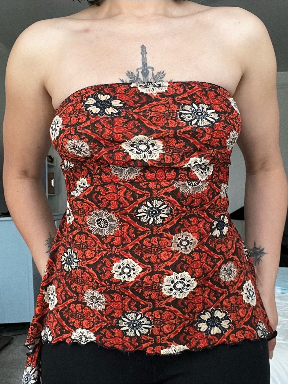 Red Floral Strapless Tube Top